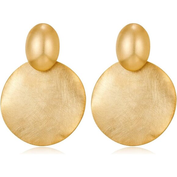 Women's Golden Big Disc Drop Earrings Dangle Round  Push Back With No Gemston - Picture 1 of 6